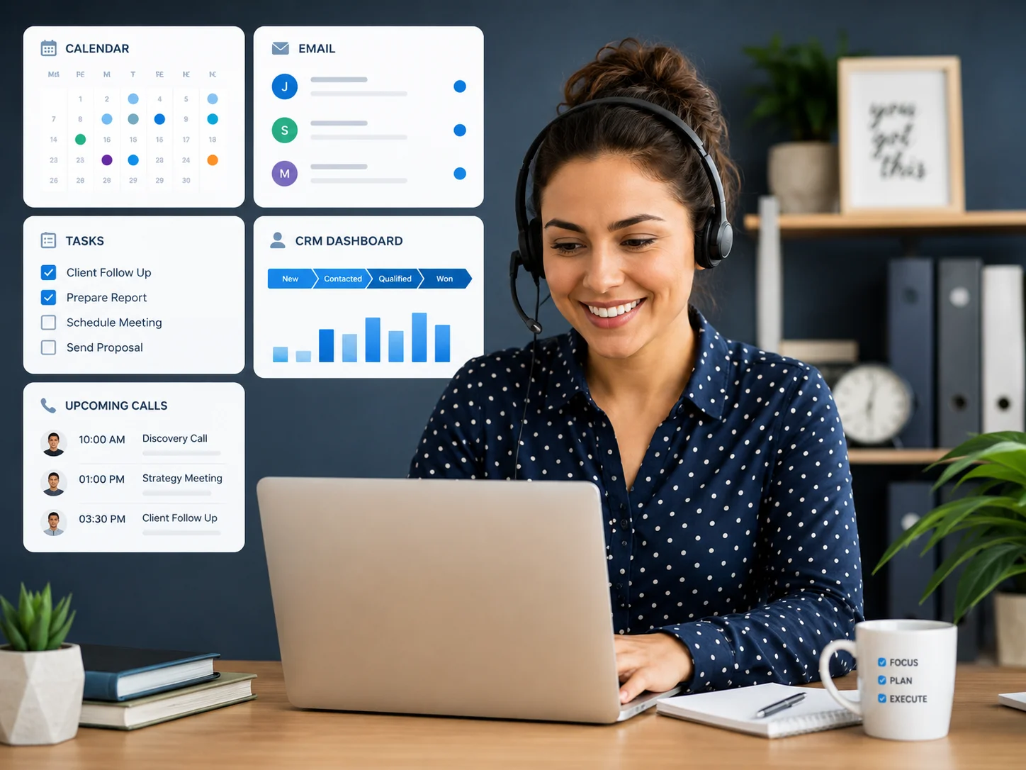 Virtual assistant managing calls, scheduling, and business support