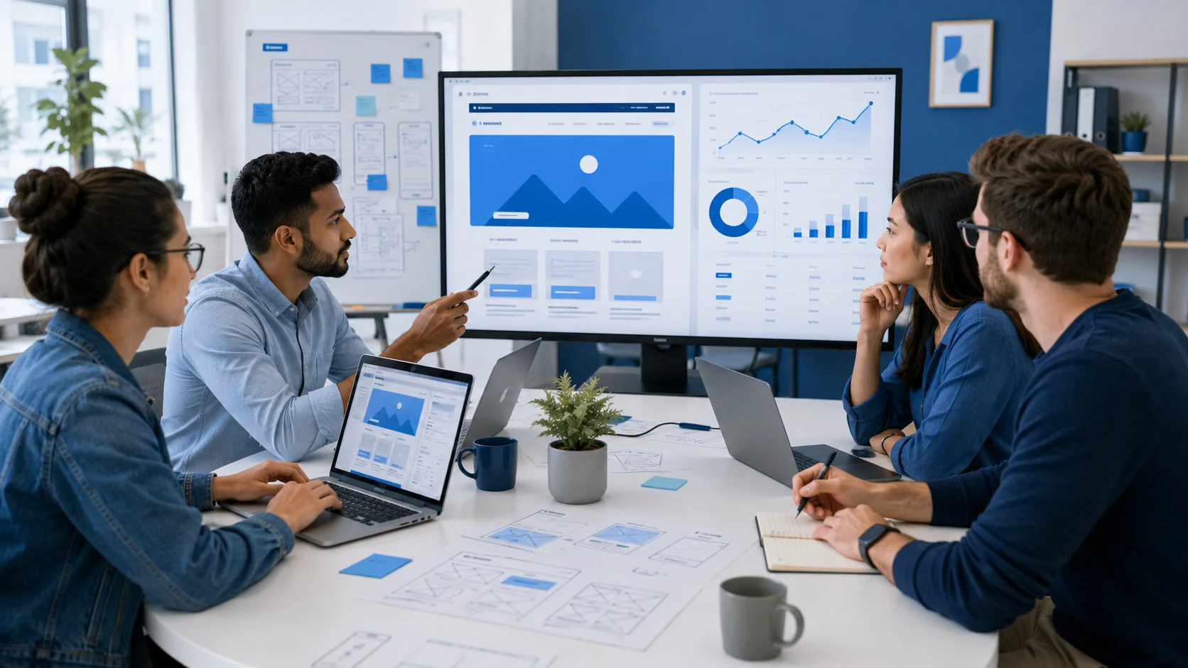 Web development team building a professional business website