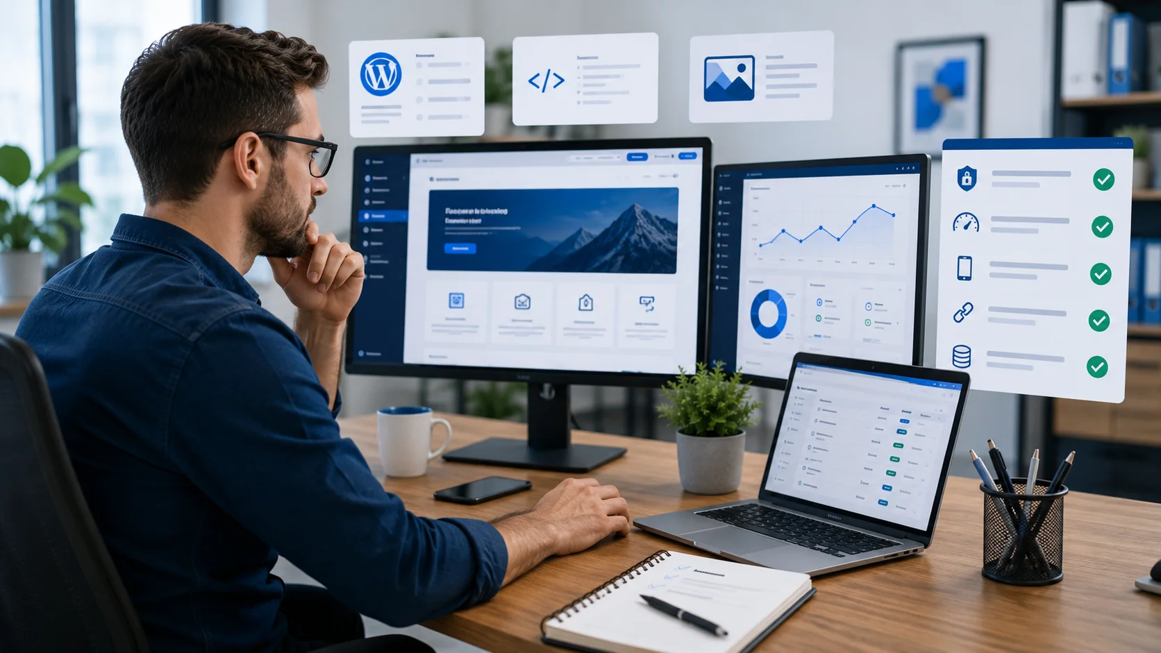 Website management specialist reviewing business website updates